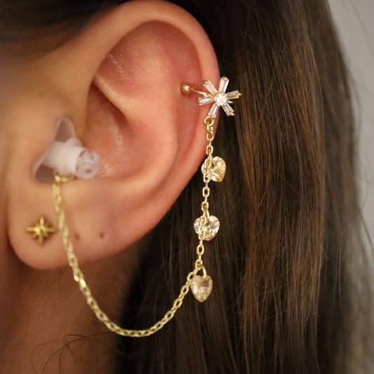 Earcuffs Voor Oordopjes (vlok hartjes) Goudkleurig op model met oordopjes