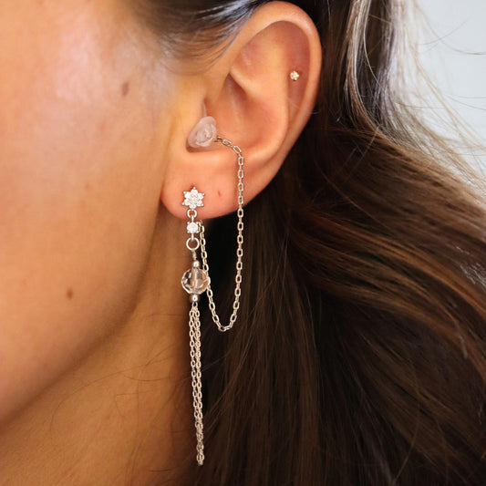 Oorbellen Voor Oordopjes (Sliertjes) Zilverkleurig op model met Muziekoortje